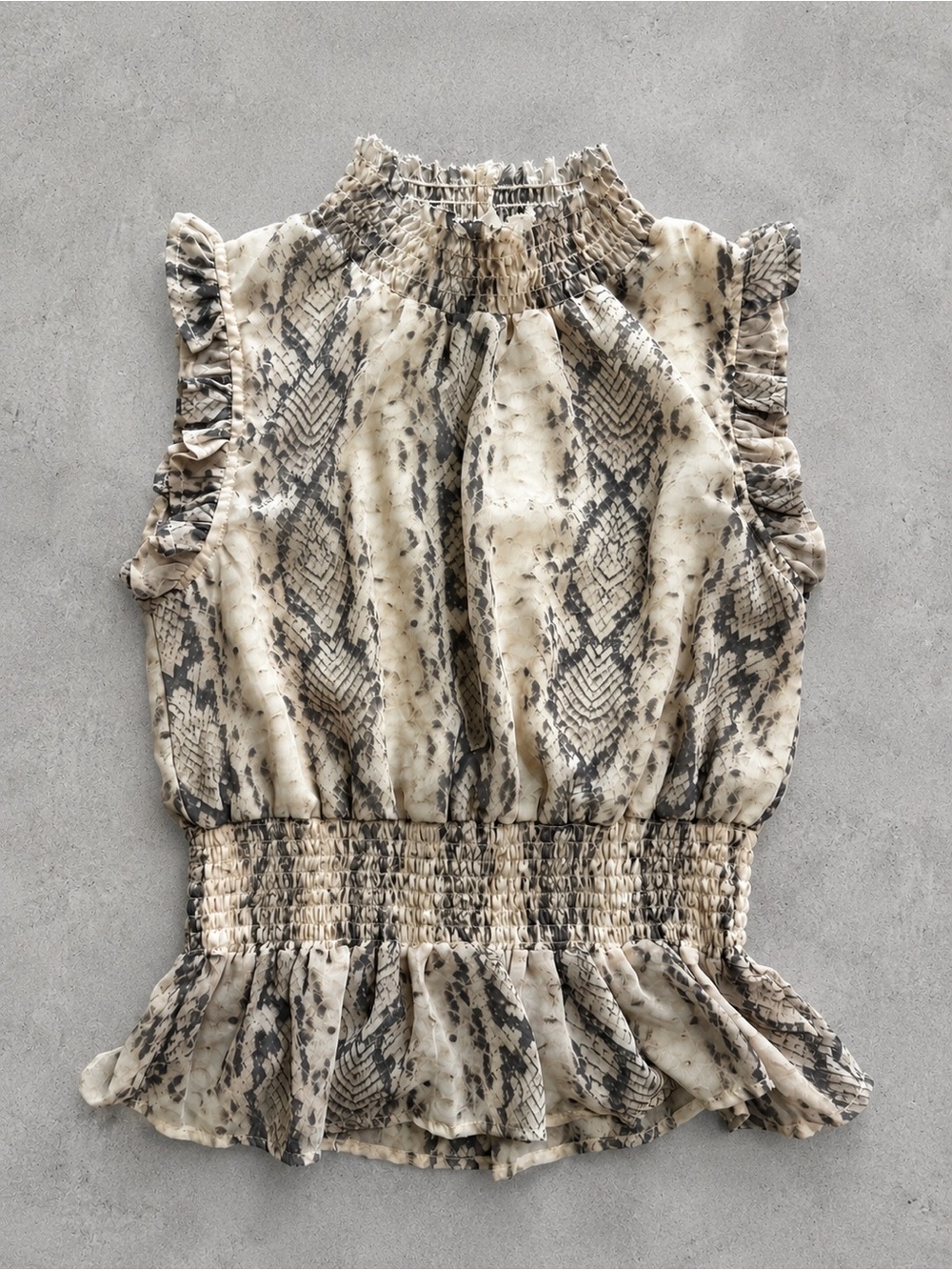 Japna Snake Print Smocked Peplum Blouse Ruffle Sleeveless Top Women’s S